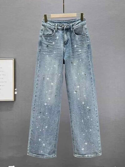 Baggy Diamond Denim laia säärega püksid 2025 Uued naiste kõrge vöökohaga lahtised pikad püksid mood mitmekülgsed helesinised teksad