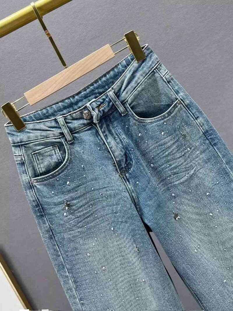 Deimantinės džinsinės plačios kelnės, 2025 m. Naujos moteriškos, laisvos ilgos kelnės, madingi, šviesiai mėlyni džinsai