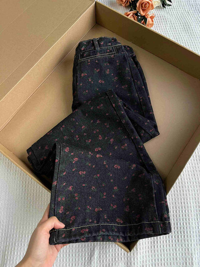 Vintage ziedu sieviešu džinsi pavasaris/rudens jauni augsti viduklis, brīvas, taisnas, platas bikses Modes nišas dizaina Cowgirl bikses