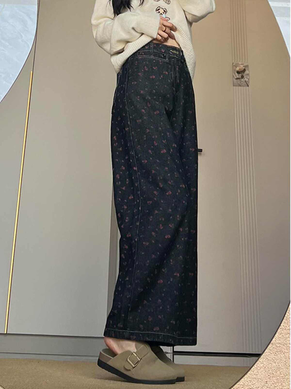 Vintage ziedu sieviešu džinsi pavasaris/rudens jauni augsti viduklis, brīvas, taisnas, platas bikses Modes nišas dizaina Cowgirl bikses