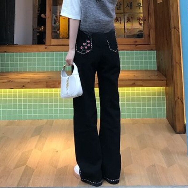 Deeptown Vintage λουλούδια κέντημα τζιν Γυναικεία φαρδιά casual κορεάτικη μόδα Βασικό τζιν παντελόνι Y2k Streetwear Φαρδύ παντελόνι