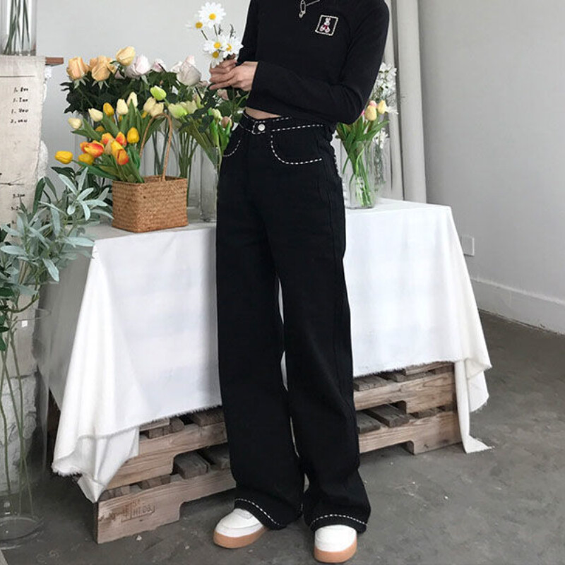Deeptown Vintage λουλούδια κέντημα τζιν Γυναικεία φαρδιά casual κορεάτικη μόδα Βασικό τζιν παντελόνι Y2k Streetwear Φαρδύ παντελόνι
