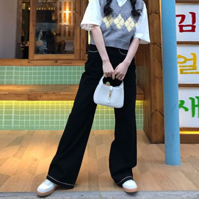 Deeptown Vintage λουλούδια κέντημα τζιν Γυναικεία φαρδιά casual κορεάτικη μόδα Βασικό τζιν παντελόνι Y2k Streetwear Φαρδύ παντελόνι