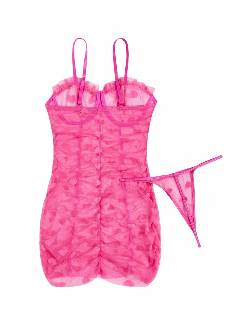 Heart Mesh Frill Trim Underwire Seksikas pesukleit ja stringid naiste pitsist ja võrkkangast päitsed kaelaga Babydoll pesukleit