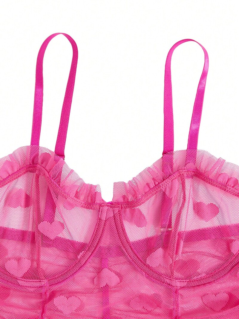 Heart Mesh Frill Trim Underwire Seksikas pesukleit ja stringid naiste pitsist ja võrkkangast päitsed kaelaga Babydoll pesukleit
