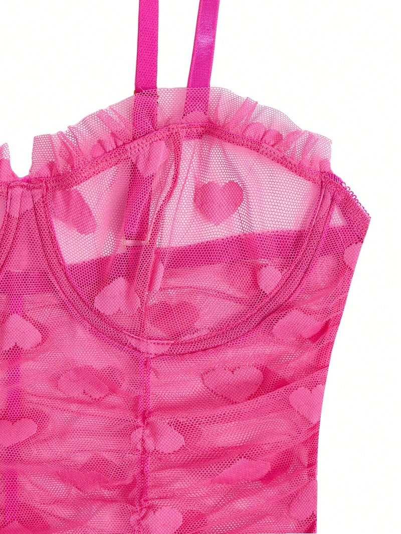 Heart Mesh Frill Trim Underwire Seksikas pesukleit ja stringid naiste pitsist ja võrkkangast päitsed kaelaga Babydoll pesukleit