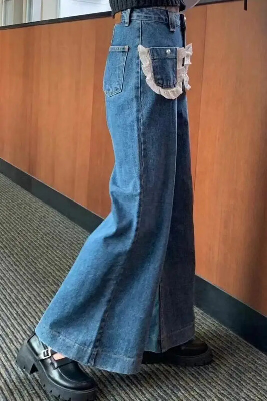 Συνονθύλευμα δαντέλα Pantalones Mujer Ψηλόμεση ίσιο παντελόνι Κορεατικό κομψό παντελόνι φαρδύ γυναικείο 2025 Ρούχα διπλές τσέπες Ropa