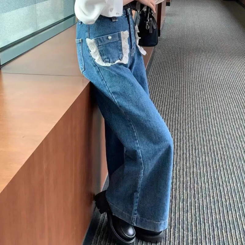 Συνονθύλευμα δαντέλα Pantalones Mujer Ψηλόμεση ίσιο παντελόνι Κορεατικό κομψό παντελόνι φαρδύ γυναικείο 2025 Ρούχα διπλές τσέπες Ropa