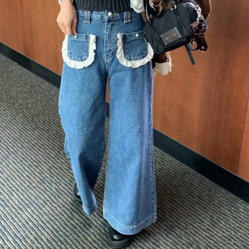 Συνονθύλευμα δαντέλα Pantalones Mujer Ψηλόμεση ίσιο παντελόνι Κορεατικό κομψό παντελόνι φαρδύ γυναικείο 2025 Ρούχα διπλές τσέπες Ropa