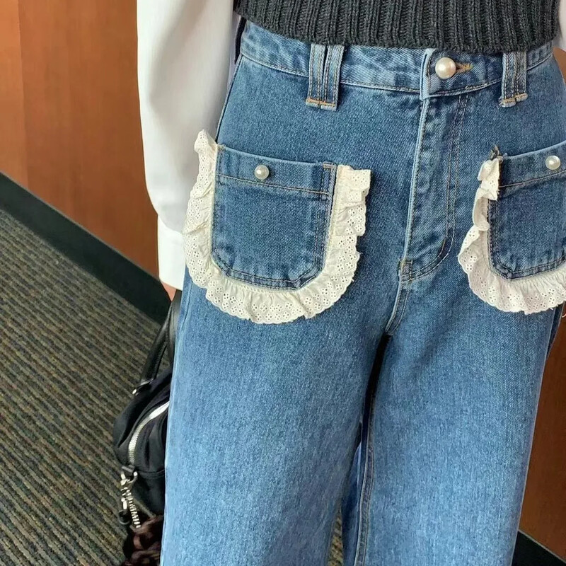 Συνονθύλευμα δαντέλα Pantalones Mujer Ψηλόμεση ίσιο παντελόνι Κορεατικό κομψό παντελόνι φαρδύ γυναικείο 2025 Ρούχα διπλές τσέπες Ropa