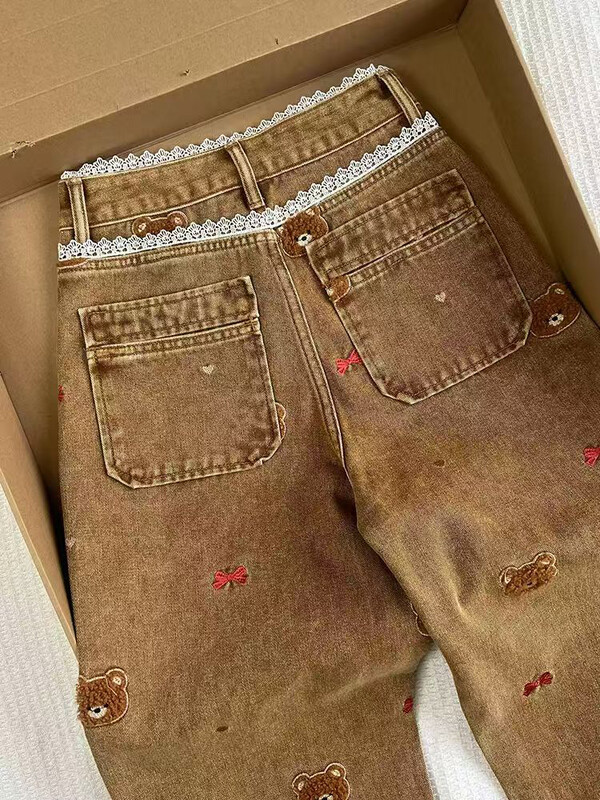 Naiste pruunid pitskaru kottised teksad Y2K Harajuku armsad tänavarõivad, esteetika 2000. aastate stiil laia säärega teksad püksid, rõivad 2025