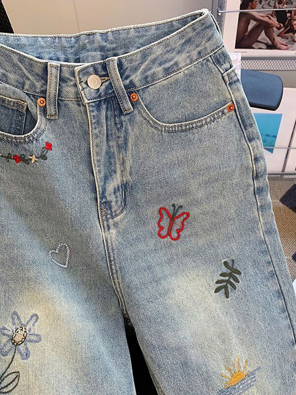 Vintažinės siuvinėtos džinsinės kelnės moterims 2025 m. vasara Naujos korėjietiškos mados aukštu juosmeniu tiesios retro stiliaus laisvalaikio džinsinės kelnės