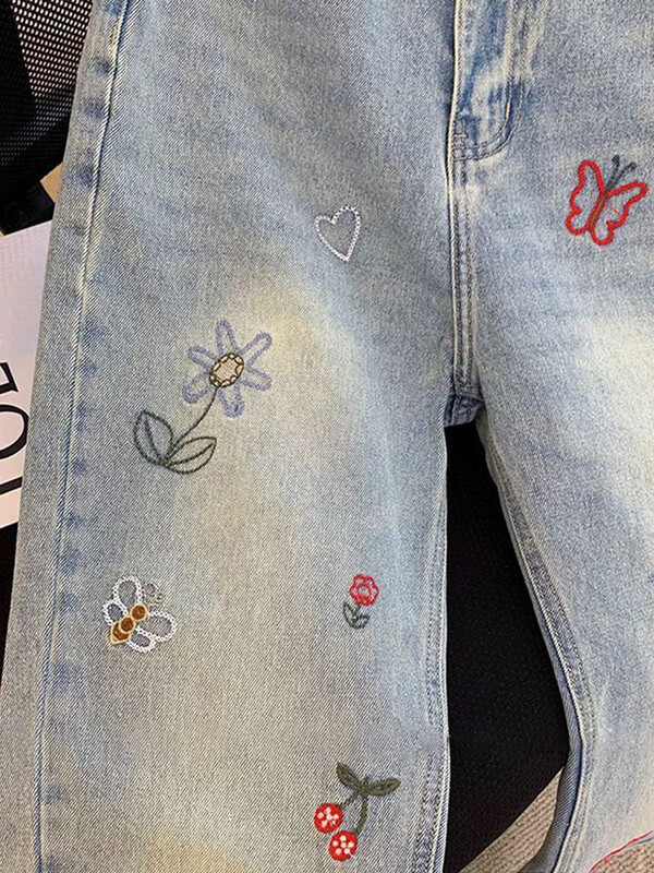 Vintažinės siuvinėtos džinsinės kelnės moterims 2025 m. vasara Naujos korėjietiškos mados aukštu juosmeniu tiesios retro stiliaus laisvalaikio džinsinės kelnės