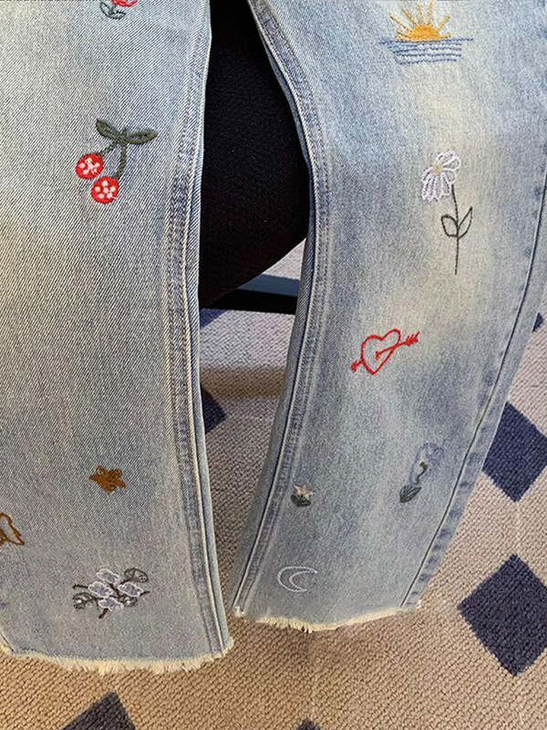 Vintažinės siuvinėtos džinsinės kelnės moterims 2025 m. vasara Naujos korėjietiškos mados aukštu juosmeniu tiesios retro stiliaus laisvalaikio džinsinės kelnės