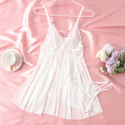 Seksuali vasarinė atvira liemenėlė su gilia V formos iškirpte pižama moteriška mada Mieli apatinio trikotažo drabužiai, raminantys minkšti berankoviai mini stringų sijonų rinkinys