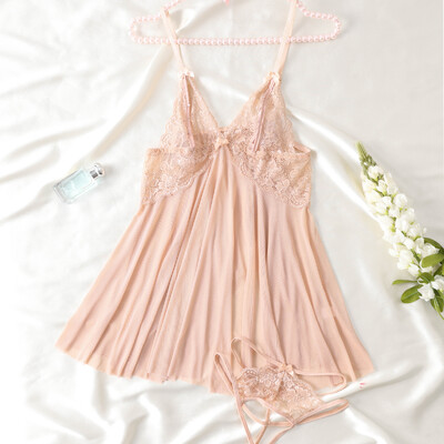 Seksuali vasarinė atvira liemenėlė su gilia V formos iškirpte pižama moteriška mada Mieli apatinio trikotažo drabužiai, raminantys minkšti berankoviai mini stringų sijonų rinkinys