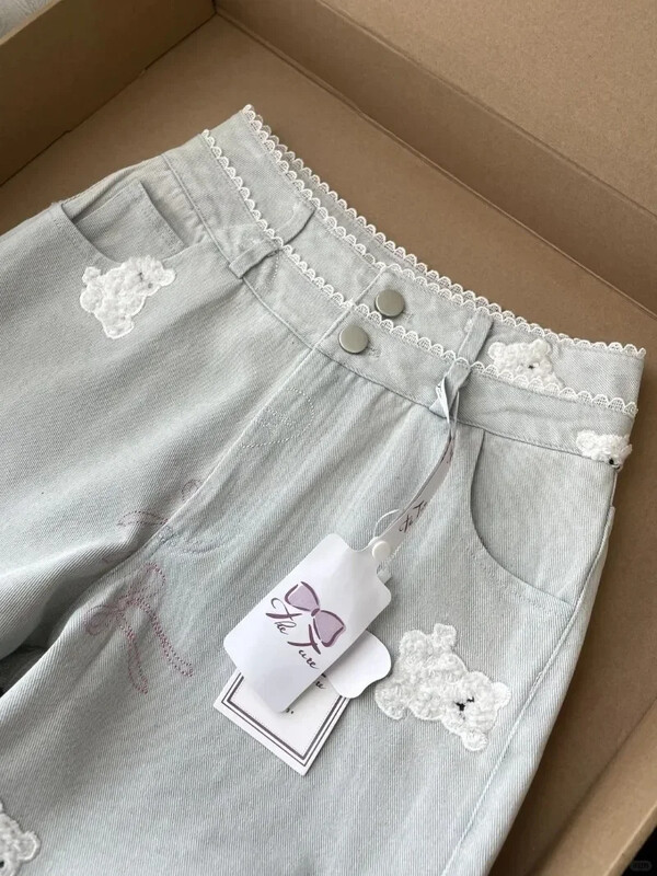 Τζιν παντελόνι με φαρδύ πόδι ψηλόμεσο τζιν αμερικανικό Vintage γυναικείο φιόγκο Παντελόνι Y2k Kawaii Preppy Style Ebroidery Bear Straight