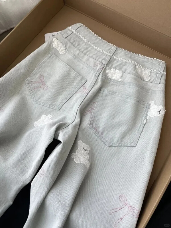 Τζιν παντελόνι με φαρδύ πόδι ψηλόμεσο τζιν αμερικανικό Vintage γυναικείο φιόγκο Παντελόνι Y2k Kawaii Preppy Style Ebroidery Bear Straight