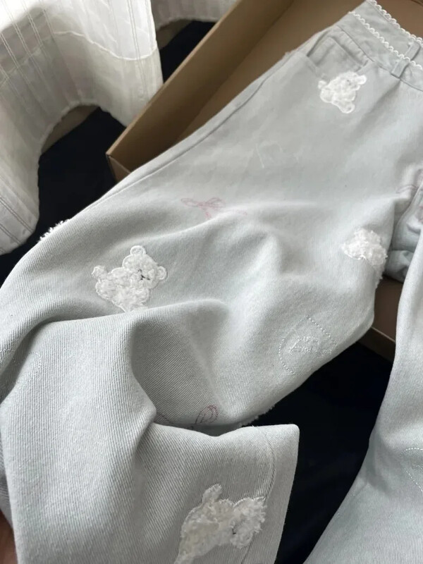 Τζιν παντελόνι με φαρδύ πόδι ψηλόμεσο τζιν αμερικανικό Vintage γυναικείο φιόγκο Παντελόνι Y2k Kawaii Preppy Style Ebroidery Bear Straight