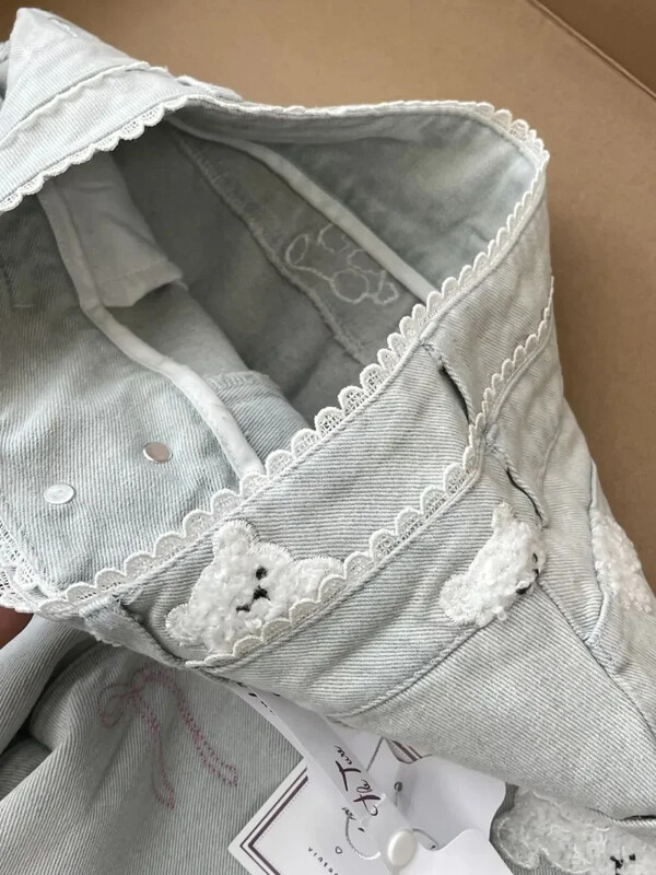 Τζιν παντελόνι με φαρδύ πόδι ψηλόμεσο τζιν αμερικανικό Vintage γυναικείο φιόγκο Παντελόνι Y2k Kawaii Preppy Style Ebroidery Bear Straight