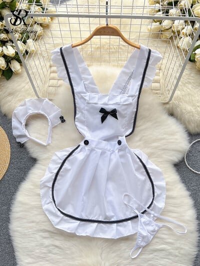 SINGREINY Sweet Bow Ruffles Еротична пижама Dress Women A-line Sheath Short Tank Top Night Dress Cosplay Секси бельо Нощно облекло