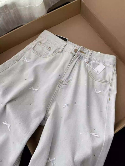 Moteriški šviesiai mėlyni maišeliai su lanku džinsai Harajuku estetinės džinsinės kelnės Y2k vintažinės 2000-ųjų japonų stiliaus džinsinės kelnės nešvarūs drabužiai