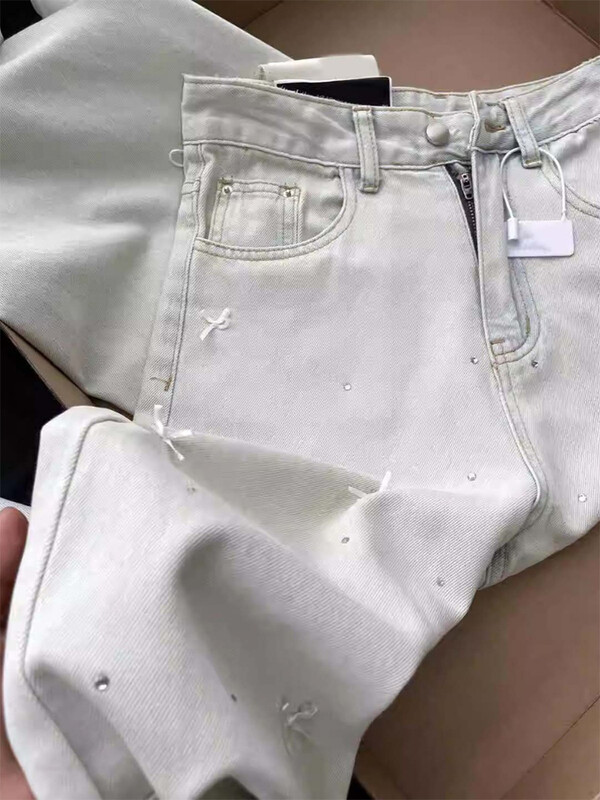 Moteriški šviesiai mėlyni maišeliai su lanku džinsai Harajuku estetinės džinsinės kelnės Y2k vintažinės 2000-ųjų japonų stiliaus džinsinės kelnės nešvarūs drabužiai