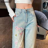 Vintažiniai džinsai moterims Kasdienis gėlių siuvinėjimas Estetinis mielas mergaičių kinų stilius, švelnus universalus aukšto juosmens koledžas, populiarus