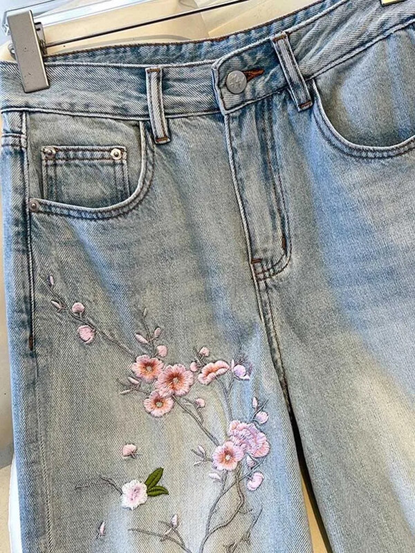 Vintažiniai džinsai moterims Kasdienis gėlių siuvinėjimas Estetinis mielas mergaičių kinų stilius, švelnus universalus aukšto juosmens koledžas, populiarus