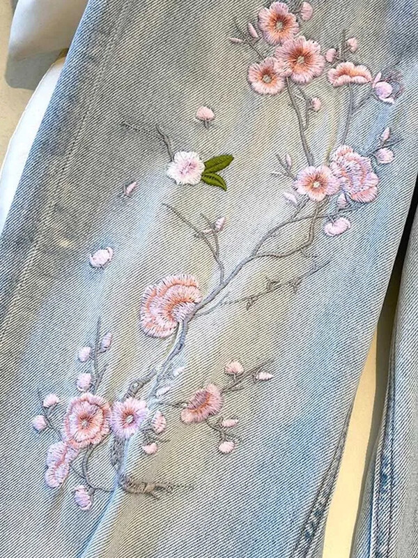 Vintažiniai džinsai moterims Kasdienis gėlių siuvinėjimas Estetinis mielas mergaičių kinų stilius, švelnus universalus aukšto juosmens koledžas, populiarus