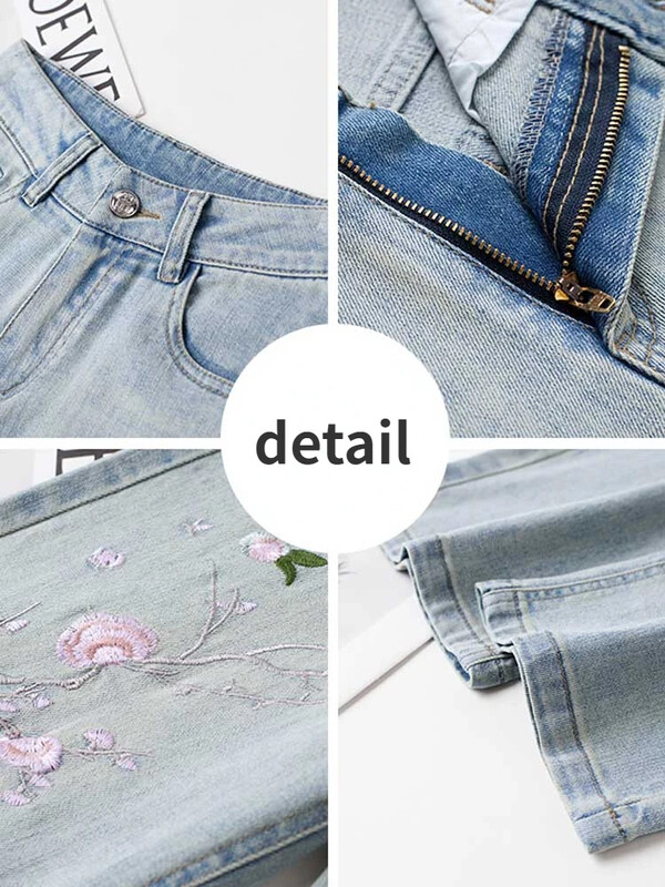 Vintažiniai džinsai moterims Kasdienis gėlių siuvinėjimas Estetinis mielas mergaičių kinų stilius, švelnus universalus aukšto juosmens koledžas, populiarus