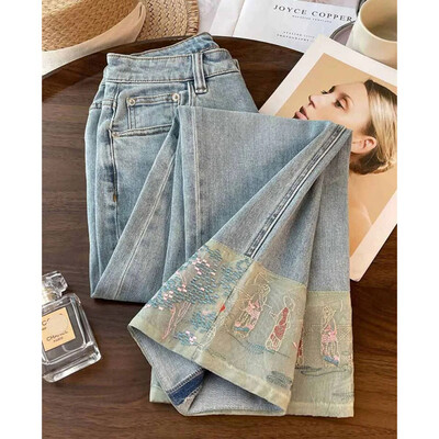 Kék farmer Női, magas derekú, táskás amerikai divatos utcai viselet farmer Női tavaszi nyár ÚJ Egyenes, széles lábú Cowgirl nadrág