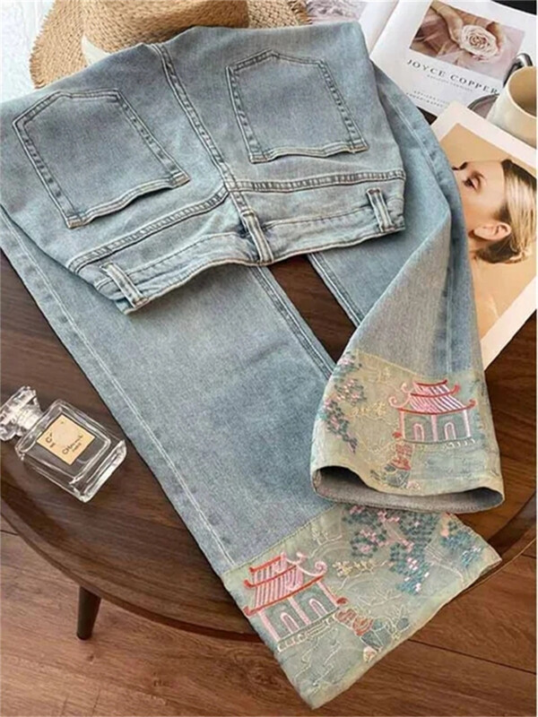 Kék farmer Női, magas derekú, táskás amerikai divatos utcai viselet farmer Női tavaszi nyár ÚJ Egyenes, széles lábú Cowgirl nadrág