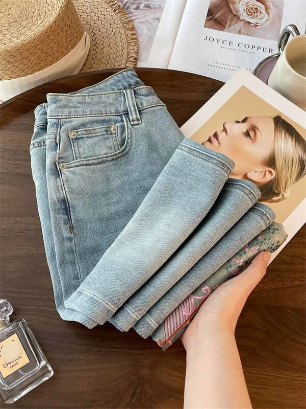 Kék farmer Női, magas derekú, táskás amerikai divatos utcai viselet farmer Női tavaszi nyár ÚJ Egyenes, széles lábú Cowgirl nadrág