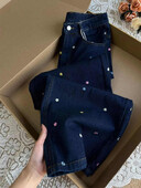 Izšuvumi Ziedu džinsi Sieviešu rudens jauns ar augstu vidukli brīvas taisnas platas džinsu bikses amerikāņu stila vintage bikses