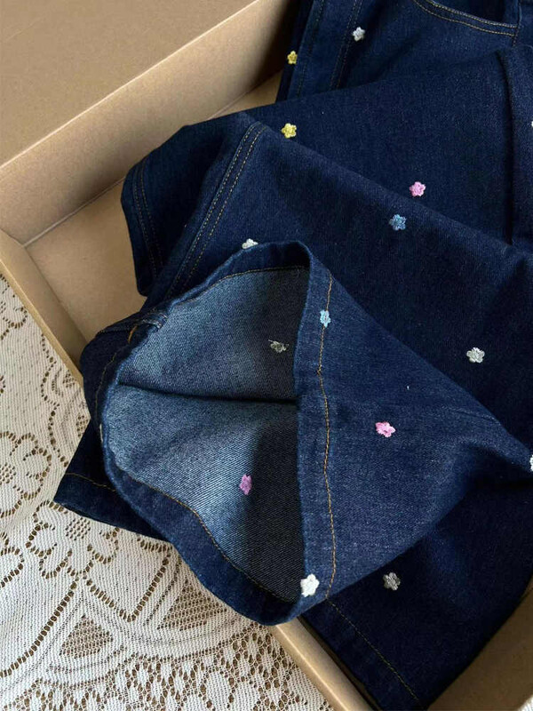 Izšuvumi Ziedu džinsi Sieviešu rudens jauns ar augstu vidukli brīvas taisnas platas džinsu bikses amerikāņu stila vintage bikses