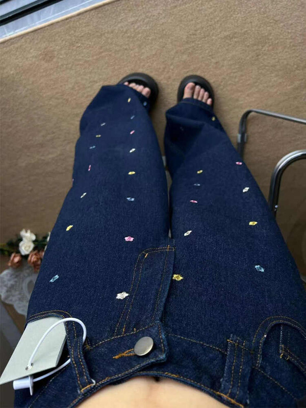 Izšuvumi Ziedu džinsi Sieviešu rudens jauns ar augstu vidukli brīvas taisnas platas džinsu bikses amerikāņu stila vintage bikses