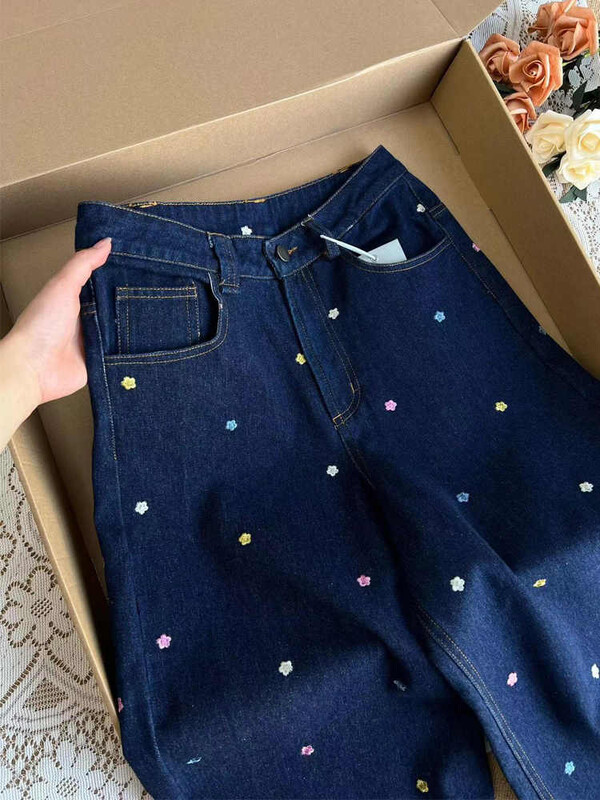Izšuvumi Ziedu džinsi Sieviešu rudens jauns ar augstu vidukli brīvas taisnas platas džinsu bikses amerikāņu stila vintage bikses