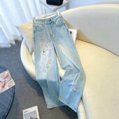 Lilletikandiga naiste teksad vabaaja vabad laiad püksid Korea mood kõrge vöökohaga Slim Fit teksapüksid sügis uus