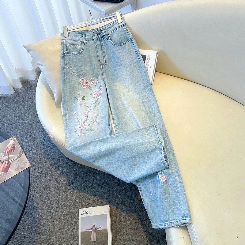 Lilletikandiga naiste teksad vabaaja vabad laiad püksid Korea mood kõrge vöökohaga Slim Fit teksapüksid sügis uus