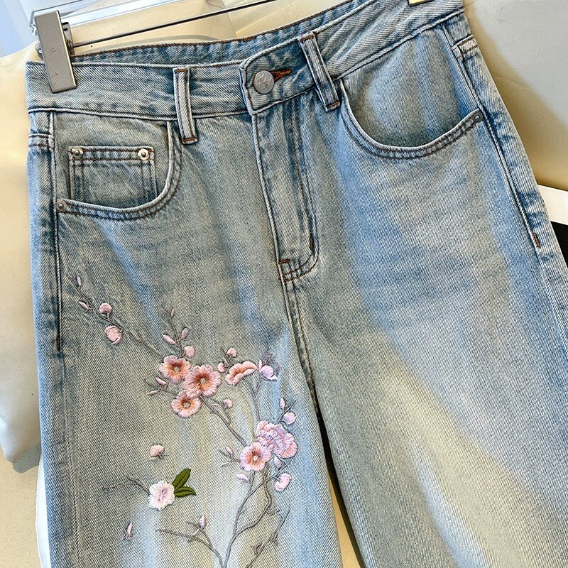 Lilletikandiga naiste teksad vabaaja vabad laiad püksid Korea mood kõrge vöökohaga Slim Fit teksapüksid sügis uus