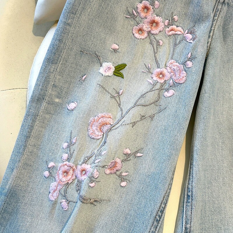 Lilletikandiga naiste teksad vabaaja vabad laiad püksid Korea mood kõrge vöökohaga Slim Fit teksapüksid sügis uus