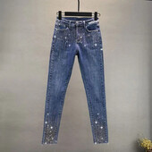 2024 m. pavasario vasara Moterų sunkiosios pramonės Kalnų krištolas siauri džinsai aukštu juosmeniu Moteriškos mėlynos džinsinės kelnės Gatvės įtemptos kelnės moteriškos