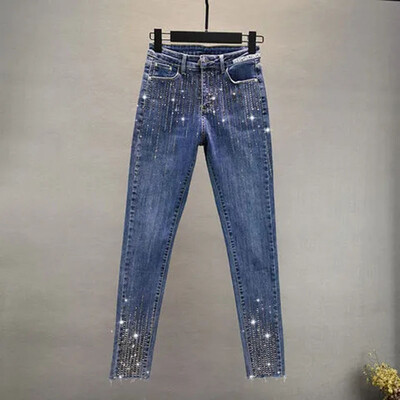 2024 m. pavasario vasara Moterų sunkiosios pramonės Kalnų krištolas siauri džinsai aukštu juosmeniu Moteriškos mėlynos džinsinės kelnės Gatvės įtemptos kelnės moteriškos