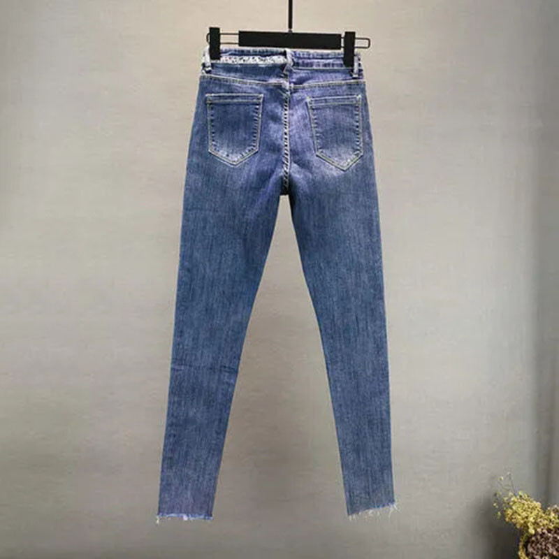 2024 m. pavasario vasara Moterų sunkiosios pramonės Kalnų krištolas siauri džinsai aukštu juosmeniu Moteriškos mėlynos džinsinės kelnės Gatvės įtemptos kelnės moteriškos