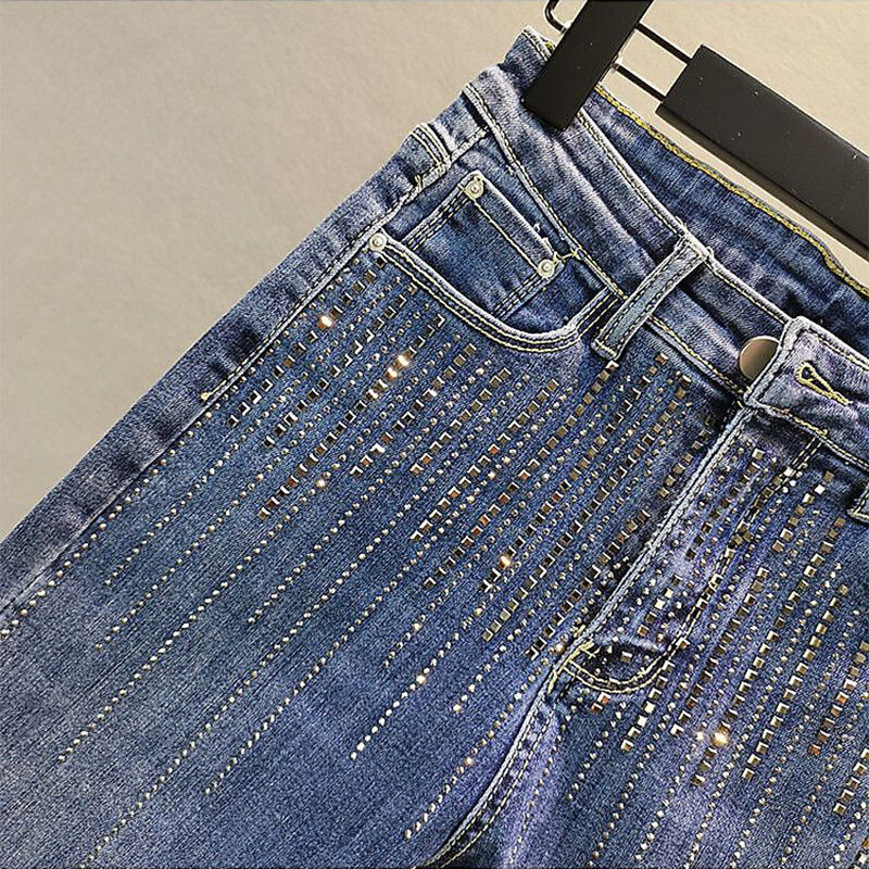 2024 m. pavasario vasara Moterų sunkiosios pramonės Kalnų krištolas siauri džinsai aukštu juosmeniu Moteriškos mėlynos džinsinės kelnės Gatvės įtemptos kelnės moteriškos
