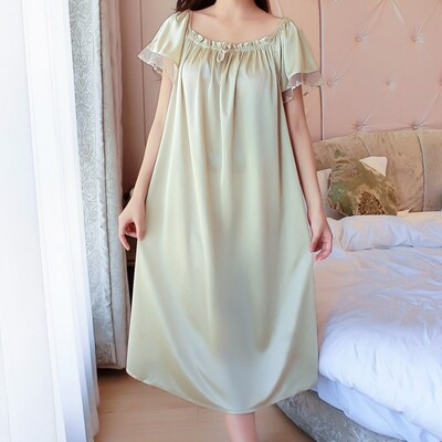 Ice Silk Lace Long Sleepwear V formos iškirpte miegui skirtų rūbų komplektas Naktinių marškinėlių Naminiai rūbai Naktiniai pižamos Moteriški naktiniai marškiniai laisvi plius dydis