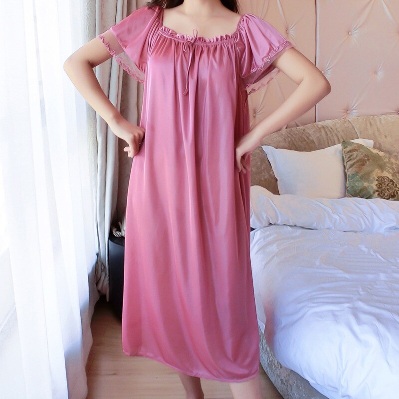 Ice Silk Lace Long Sleepwear V formos iškirpte miegui skirtų rūbų komplektas Naktinių marškinėlių Naminiai rūbai Naktiniai pižamos Moteriški naktiniai marškiniai laisvi plius dydis