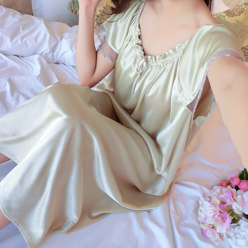 Ice Silk Lace Long Sleepwear V formos iškirpte miegui skirtų rūbų komplektas Naktinių marškinėlių Naminiai rūbai Naktiniai pižamos Moteriški naktiniai marškiniai laisvi plius dydis