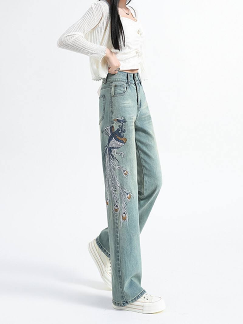 2024 m. vasara Nauji moteriški džinsai su aukštu juosmeniu, siuvinėti madingi, ploni džinsiniai kelnės tiesiomis kojomis Retro stiliaus laisvalaikio moteriški drabužiai